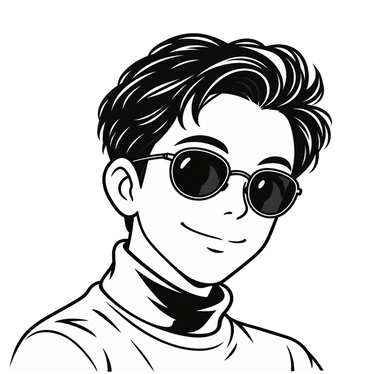 Black-and-white line portrait of Roux in sunglasses, based on his supplied portrait.