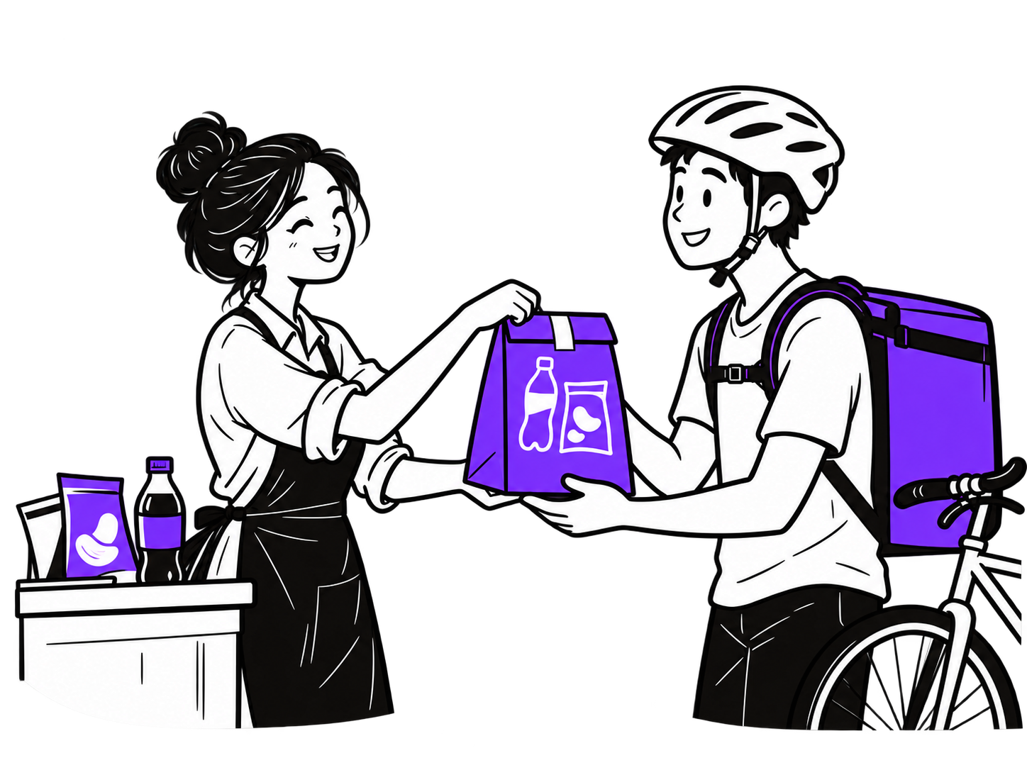 A Späti team member hands a packed order to a bicycle courier.