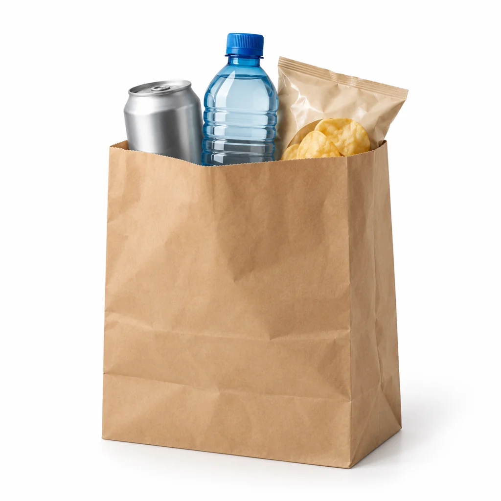 A paper bag, drink bottle, can and bag of snacks on a white background.